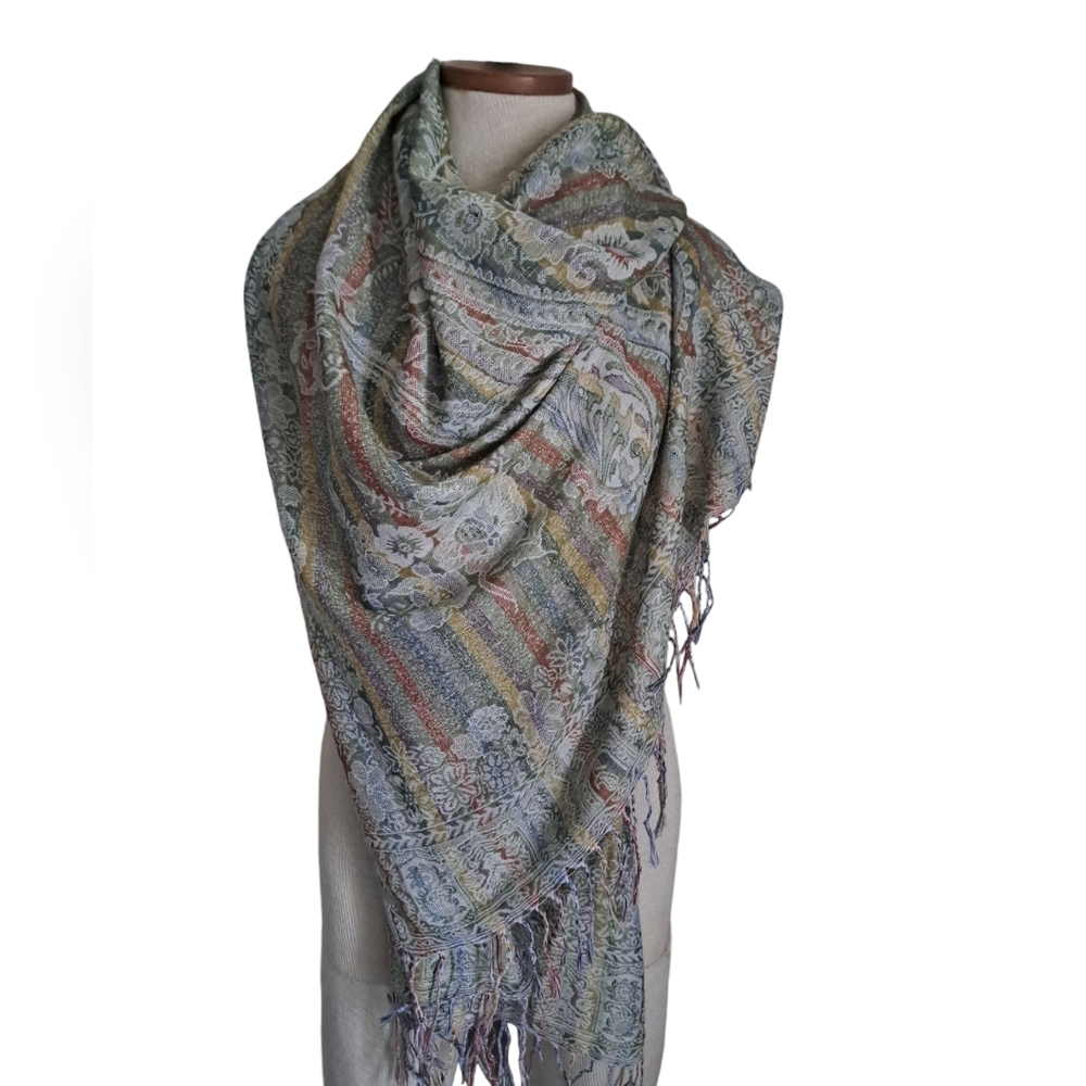 Striped floral wide long rectangle scarf fringe fall coastal boho wrap 68x27"
